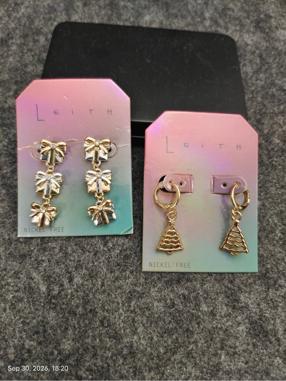 NEW Leith Gold Bow and Tree Charm Drop Earrings - Two Pair Set Christmas earring